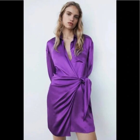 Zara Satin Effect Purple Wrap Dress Mini Medium - Picture 7 of 15